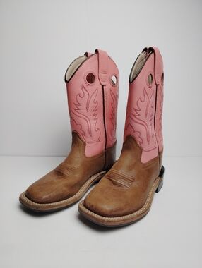 Old West Cowgirl Boots Leather Pink Tan Double Stitch Youth Girl Size 10 M/D